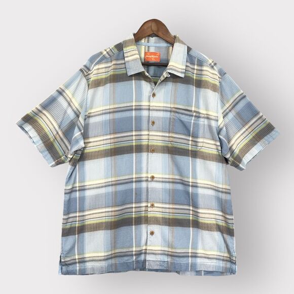 Tommy Bahama‎ Button Up Shirt Men L Blue Pocket Collared Short Sleeve Silk T05 - Picture 1 of 13